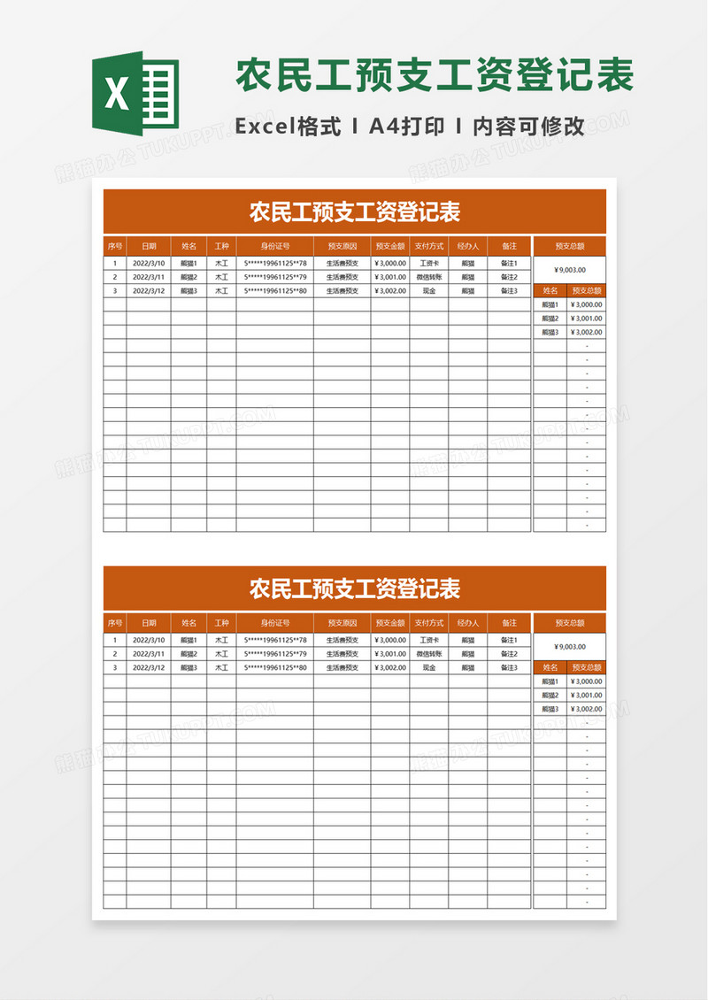 农民工预支工资登记表excle模板