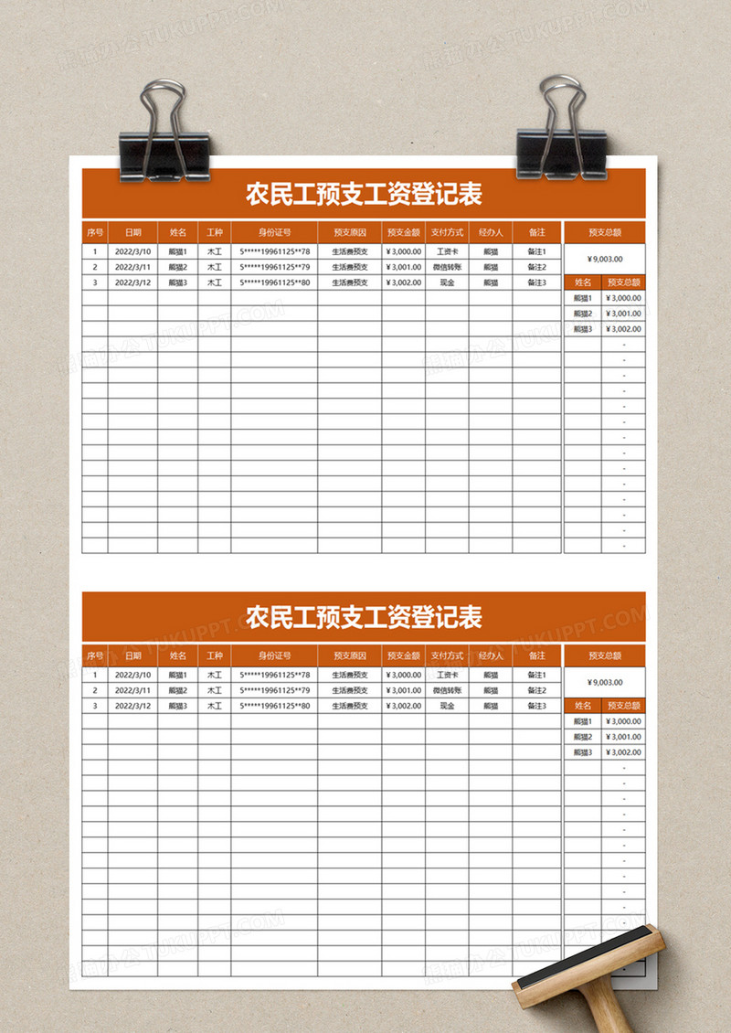农民工预支工资登记表excle模板