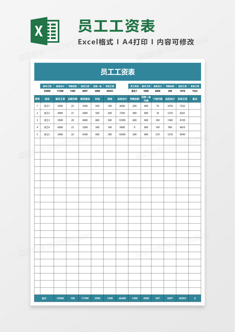 通用员工工资表excel模板