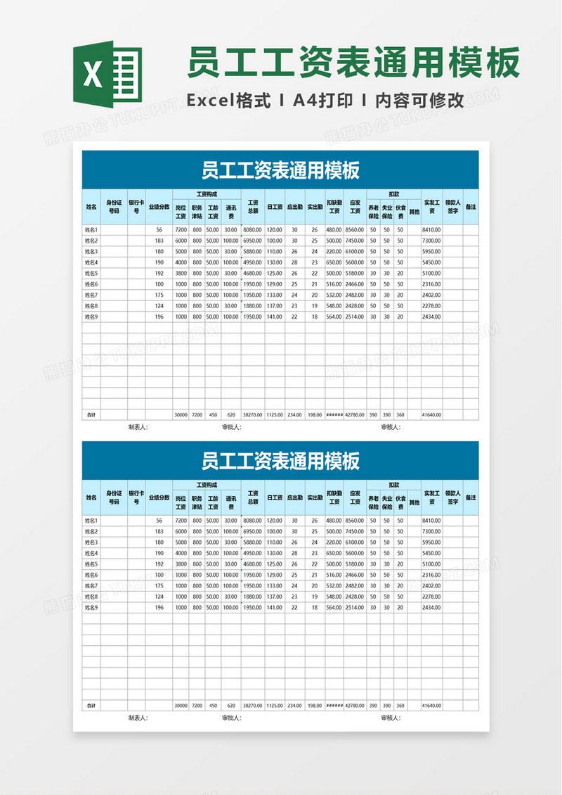 员工工资表通用excel模板