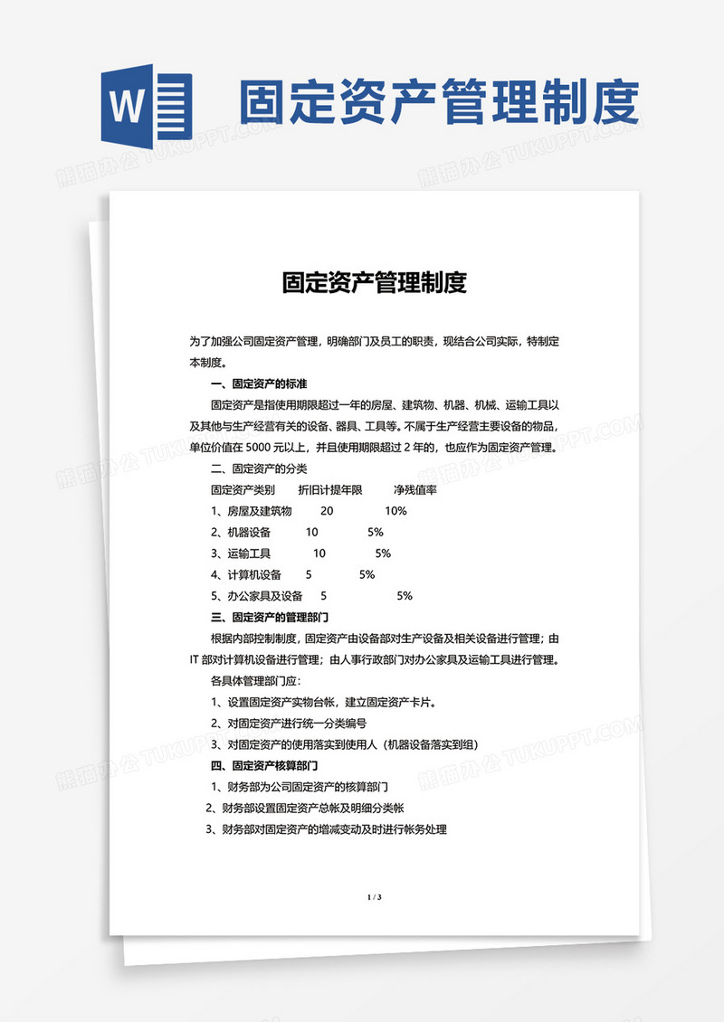 简洁实用企业固定资产管理制度word模板
