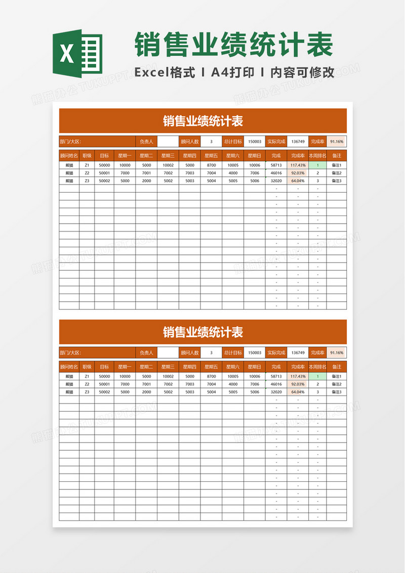 简洁实用销售业绩统计表excel模板