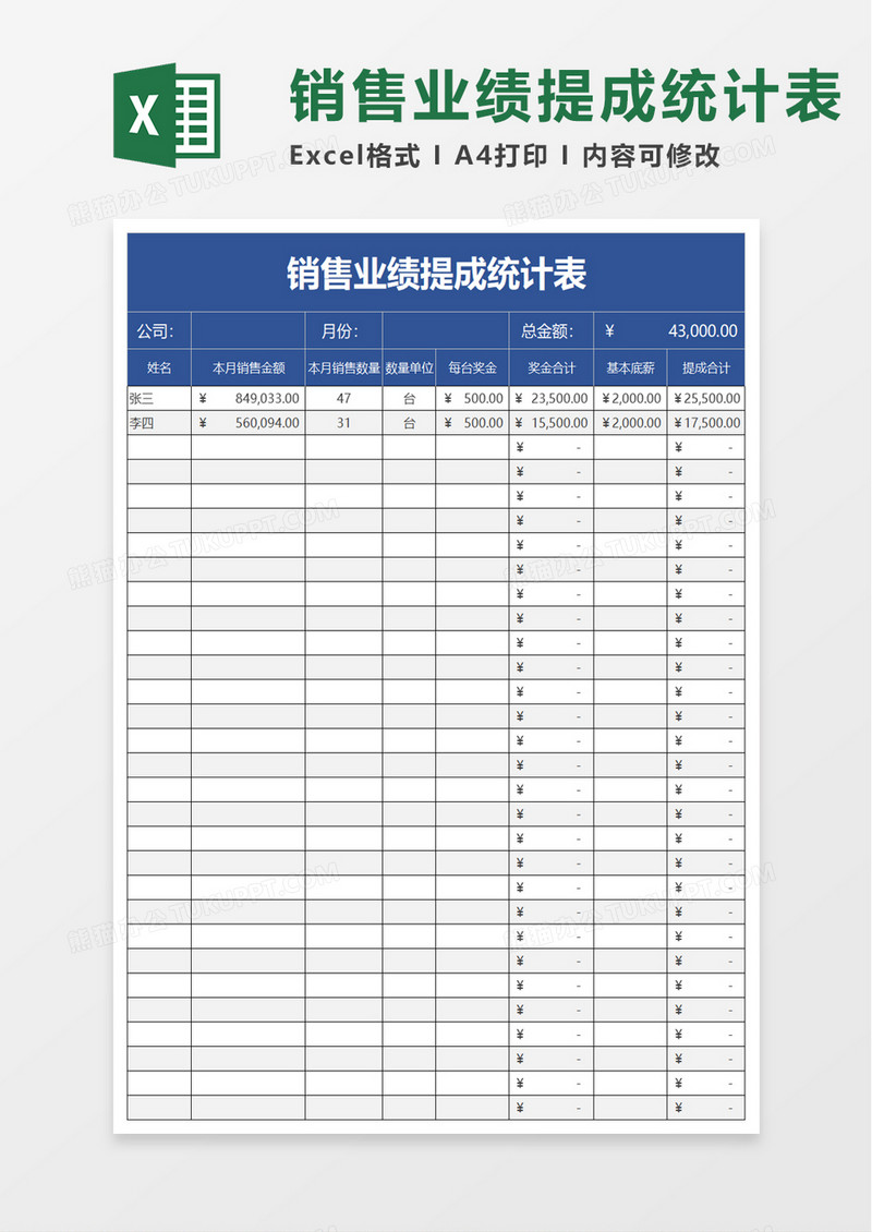 销售业绩提成统计表excel模板