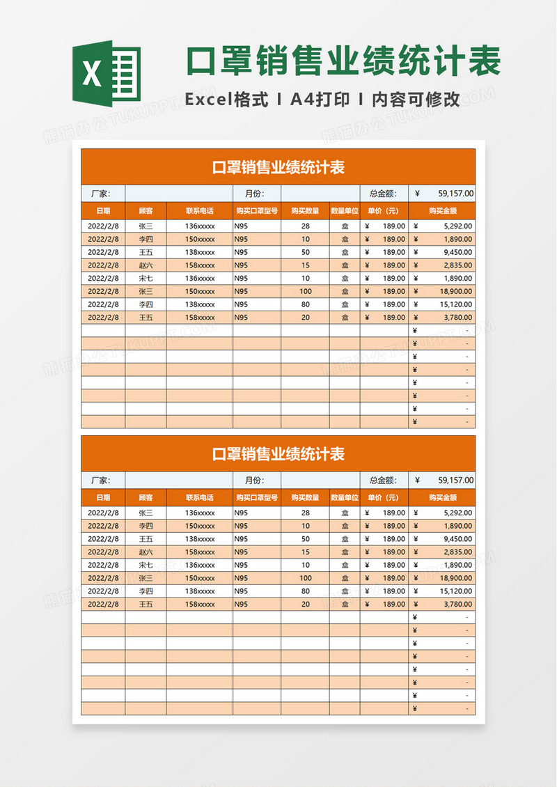 口罩销售业绩统计表excel模板