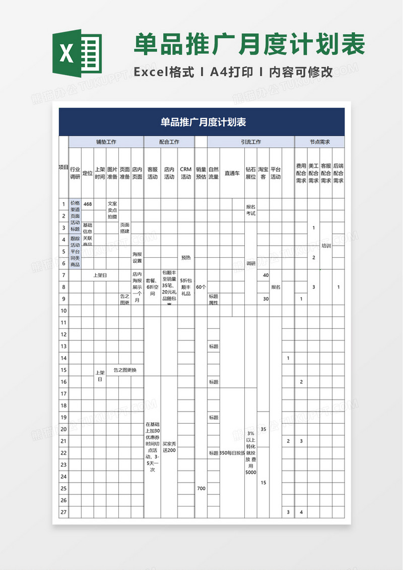 单品推广月度计划表excel模板