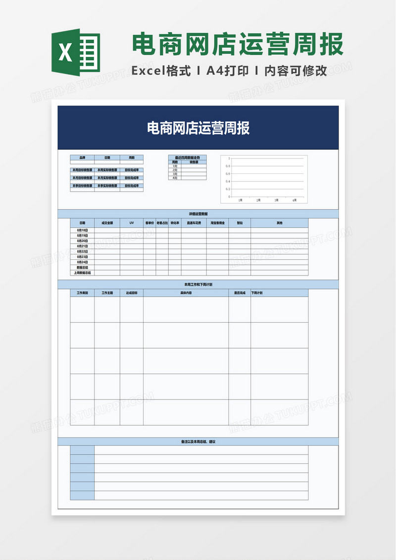 简洁电商网店运营周报excel模板