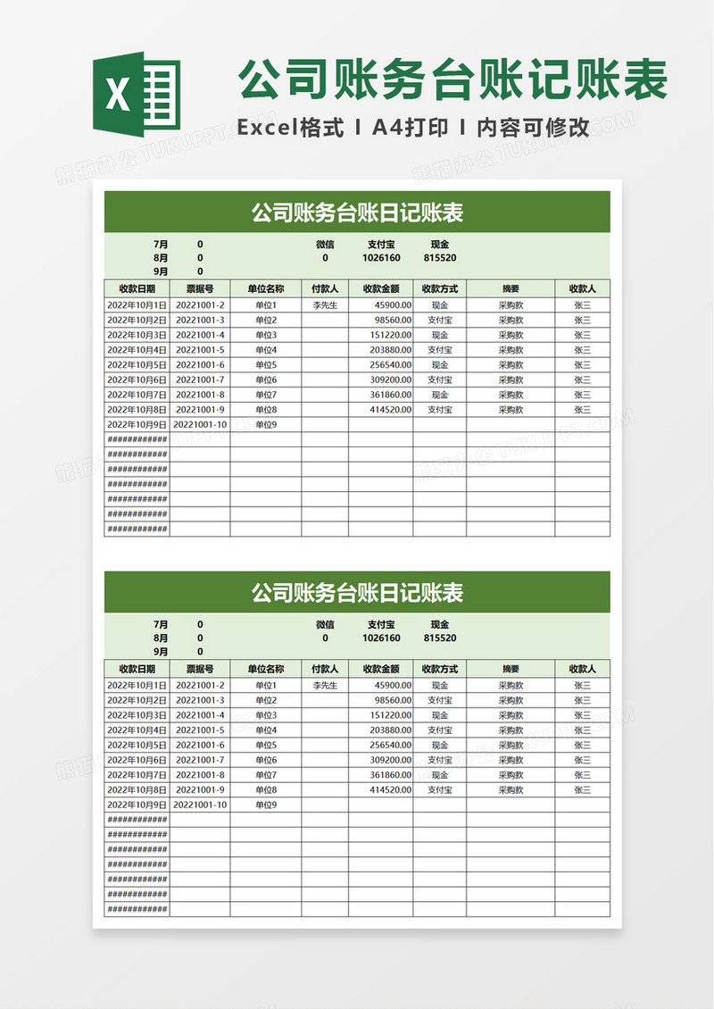 公司账务台账日记账表excel模板