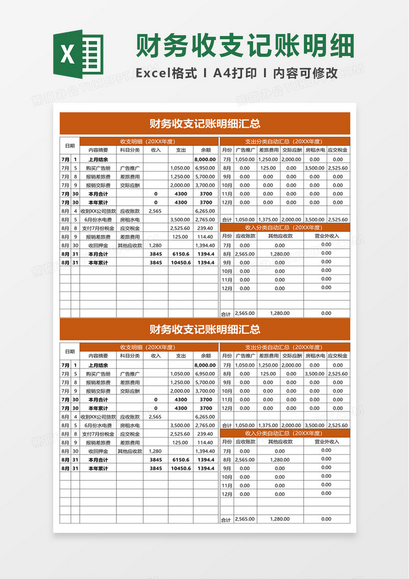 财务收支记账明细汇总excel模板