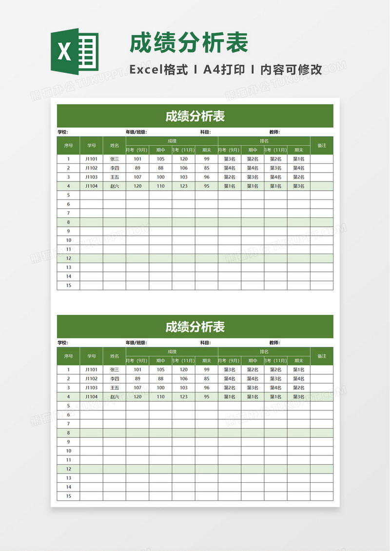 简单简洁成绩分析表excel模板