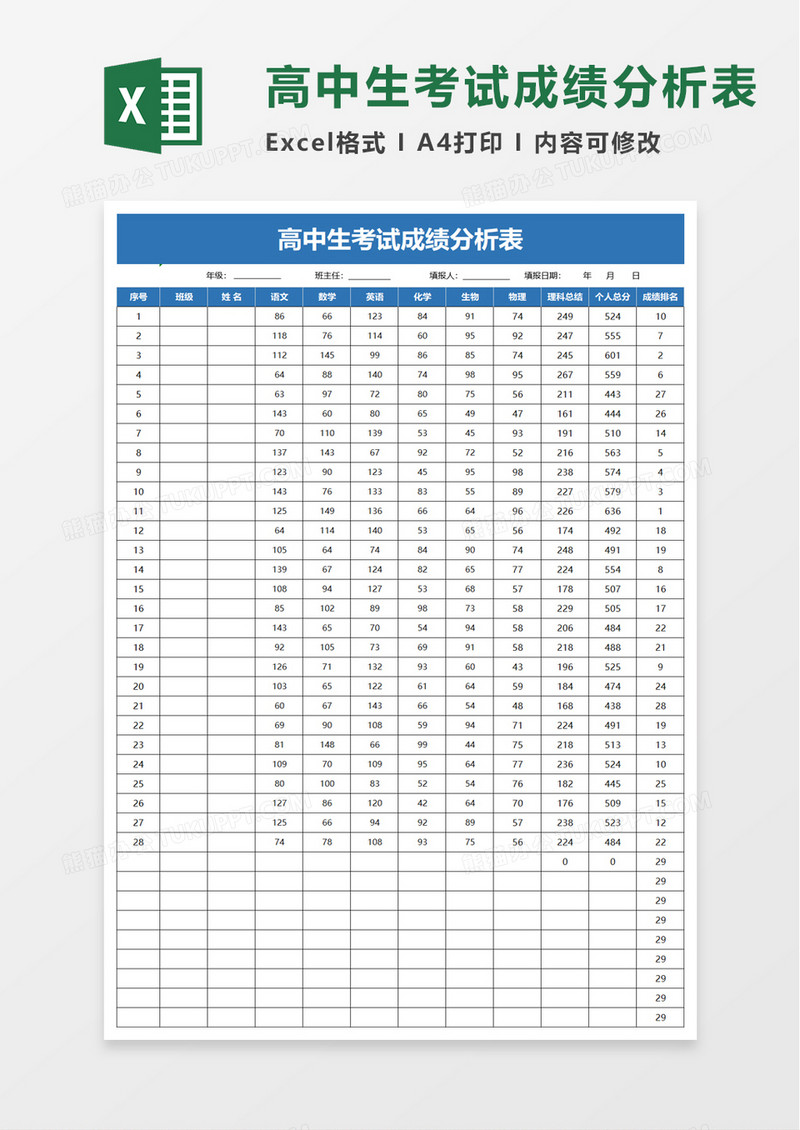 高中生考试成绩分析表excel模板