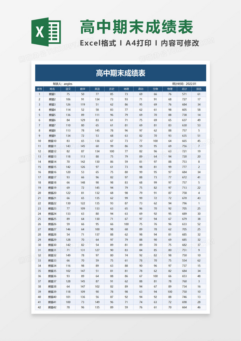 高中期末成绩表excel模板