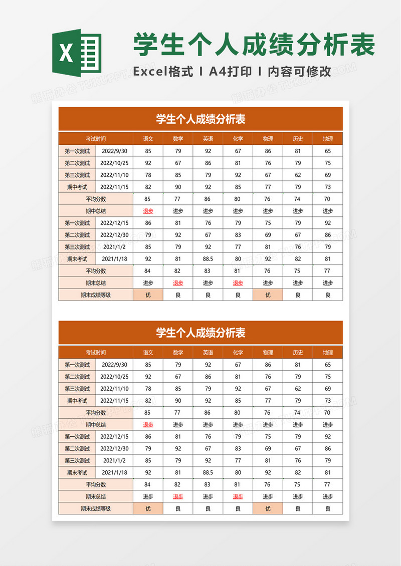 简洁学生个人成绩分析表excel模板