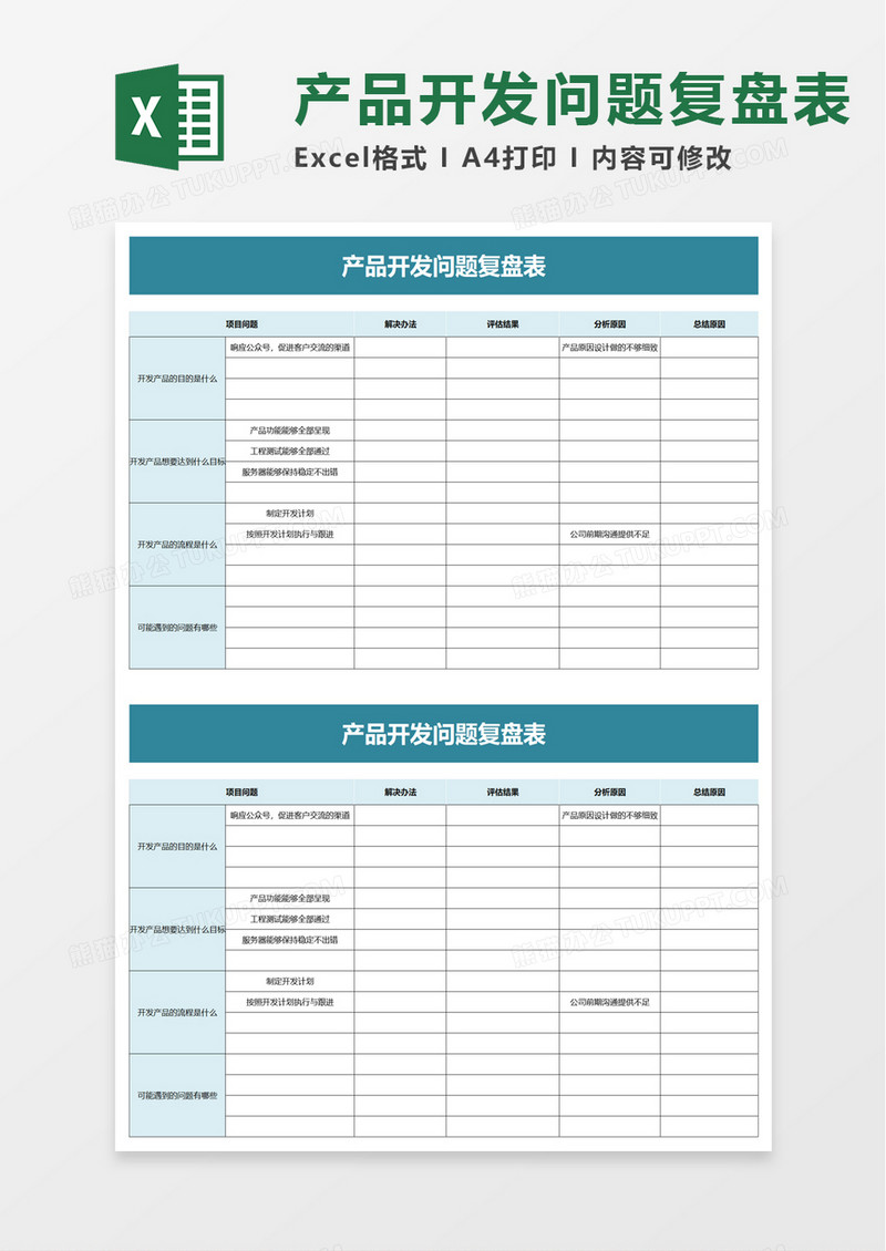 产品开发问题复盘表excel模板