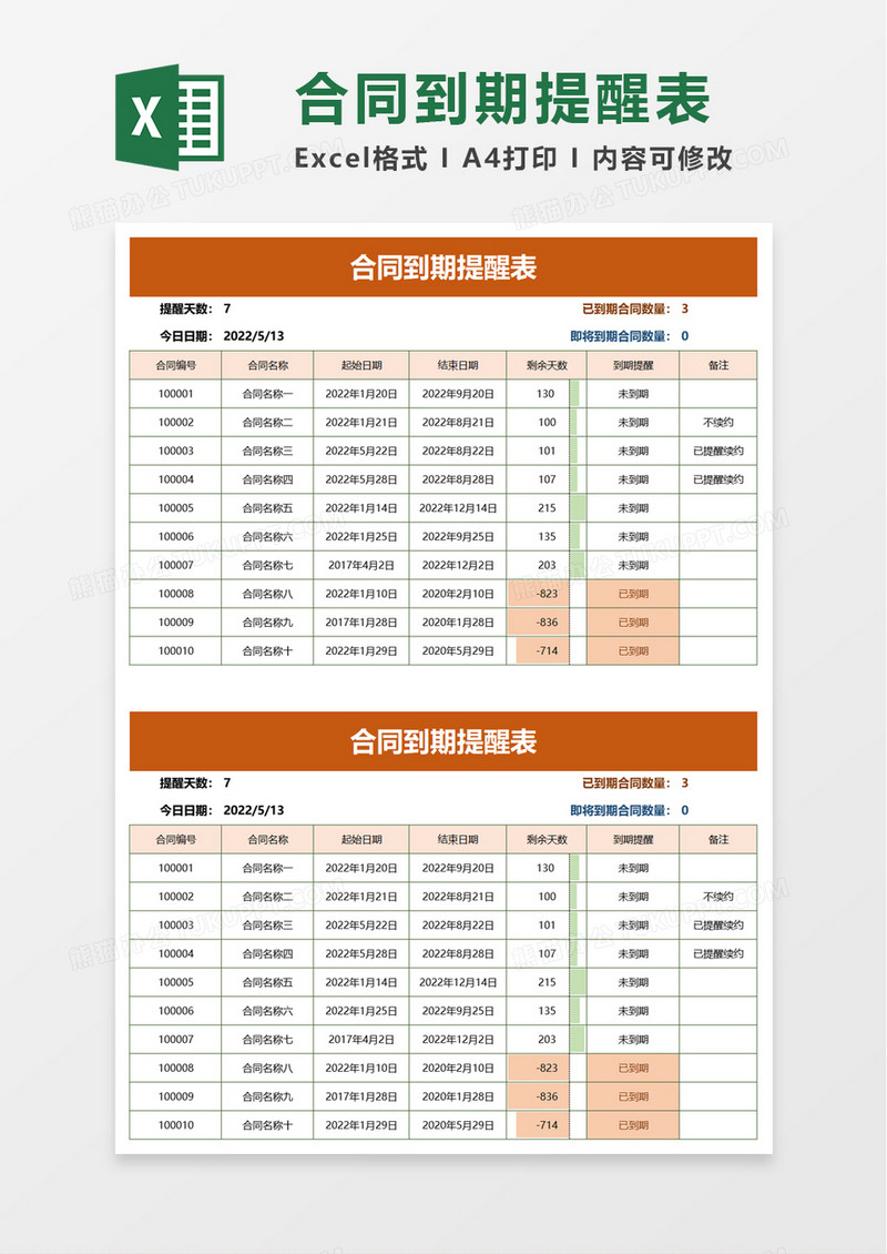 简洁合同到期提醒表excel模板