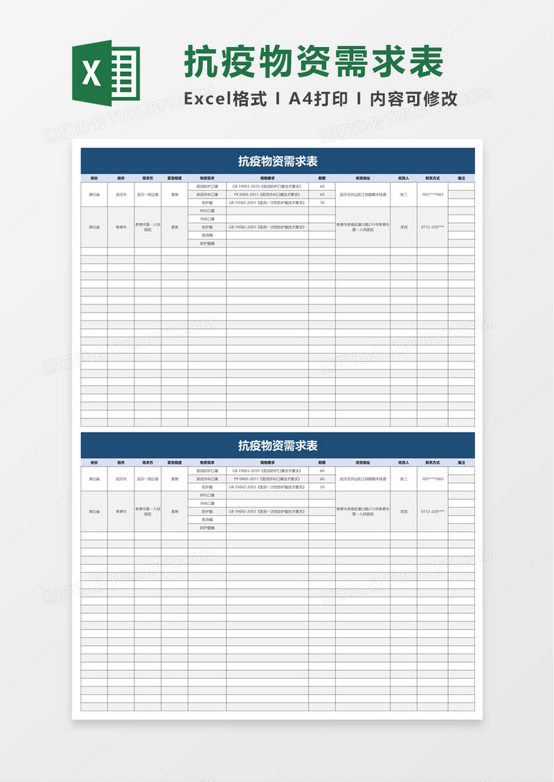 抗疫物资需求表excel模板
