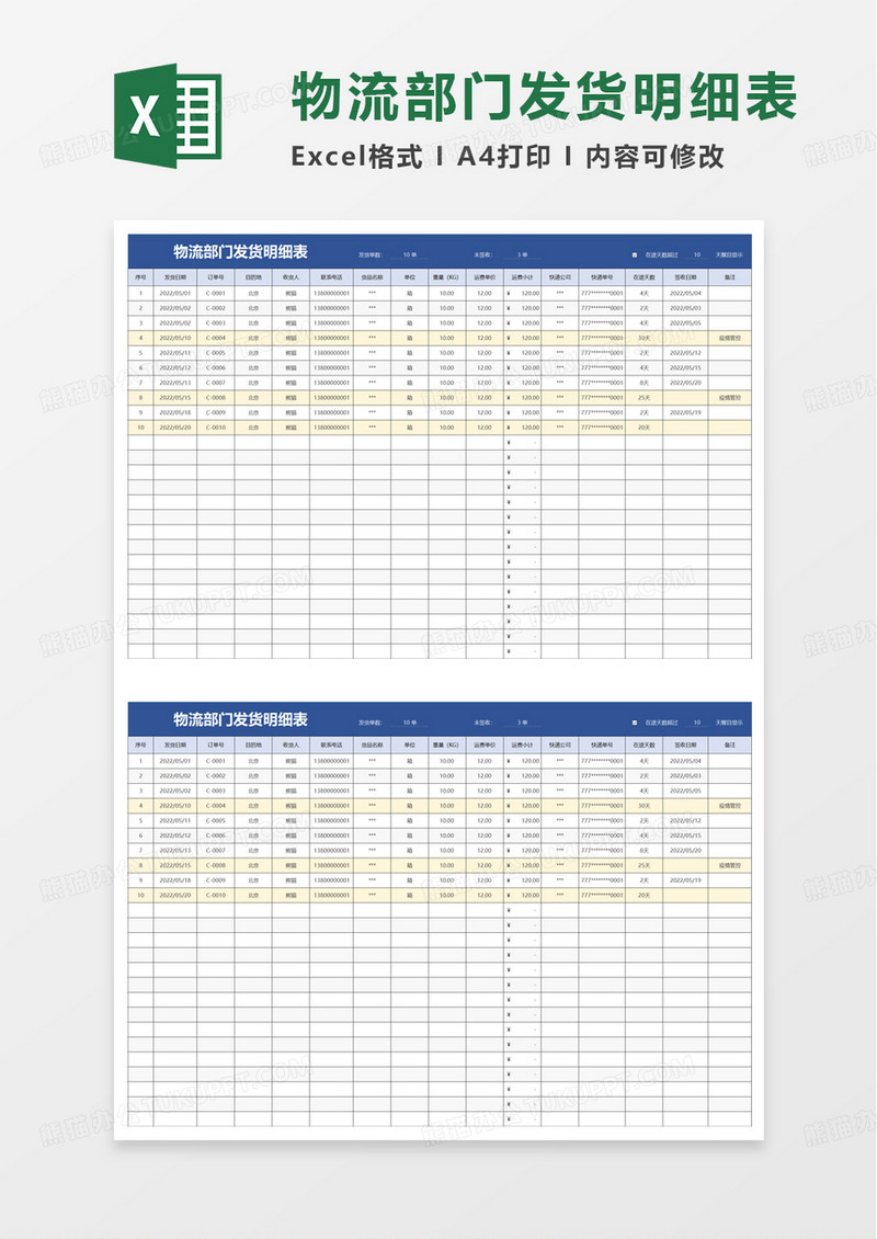 物流部门发货明细表excel模板