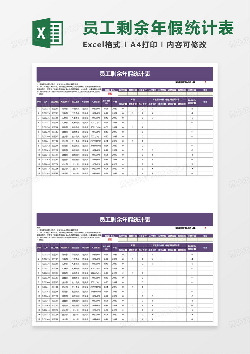 员工剩余年假统计表excel模板