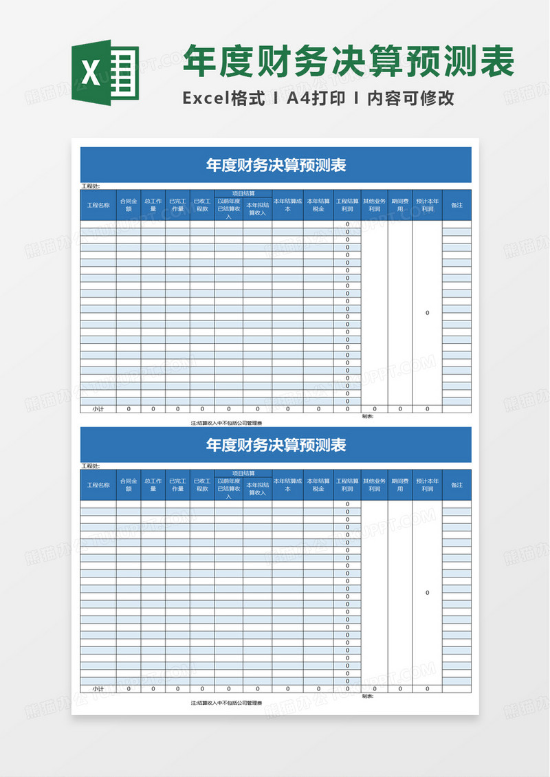 简约年度财务决算预测表excel模板