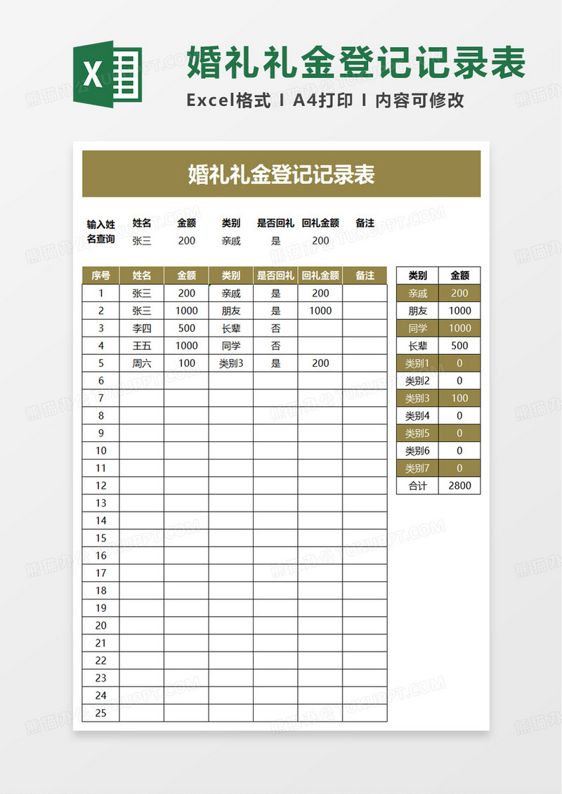 婚礼礼金登记记录表excel模板