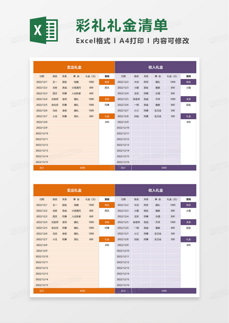 彩礼礼金清单excel模板