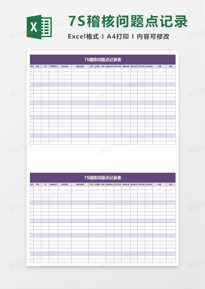 7S稽核问题点记录表excel模板