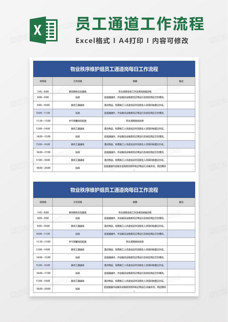 物业秩序维护组员工通道岗每日工作流程excel模板