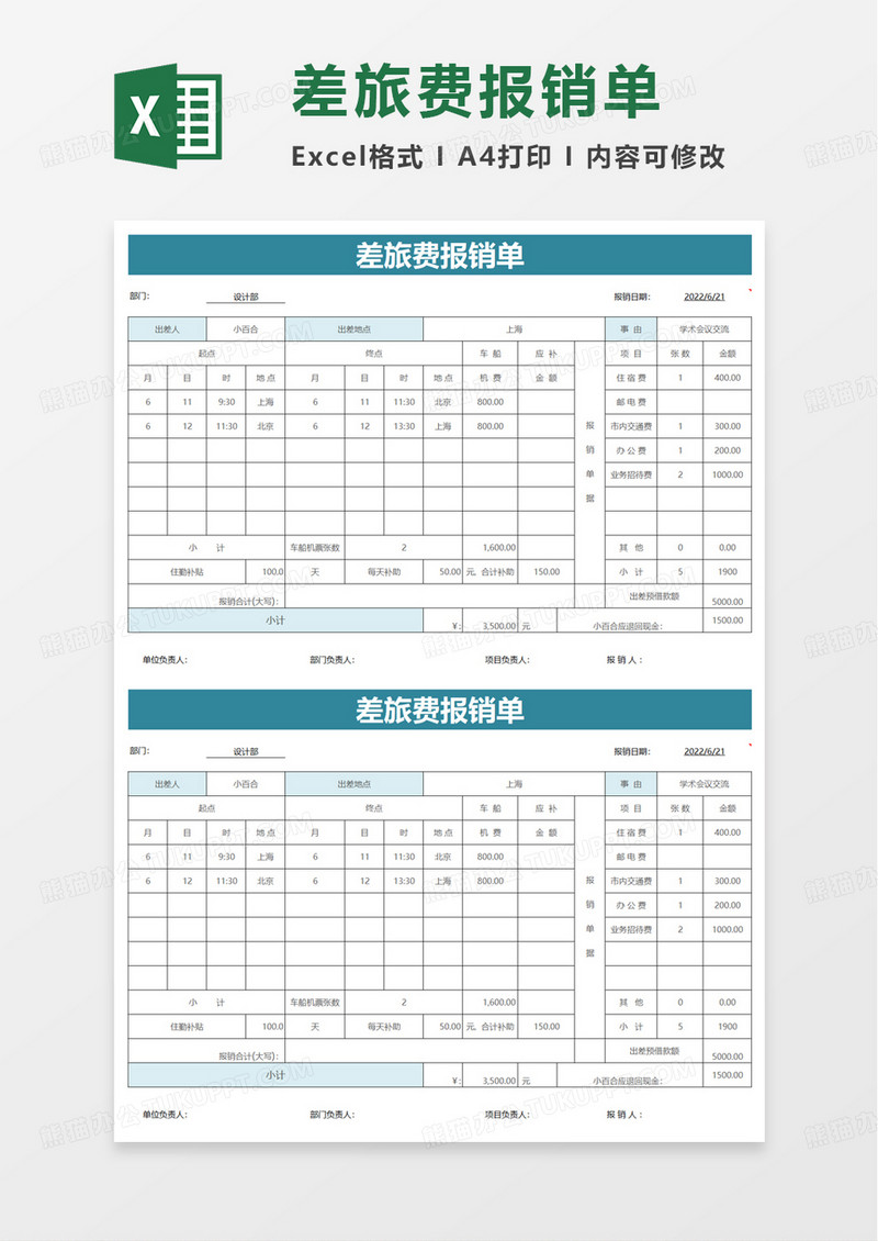 实用简单企业差旅费报销单excel模板