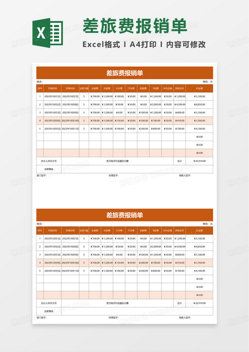 公司简单差旅费报销单excel模板