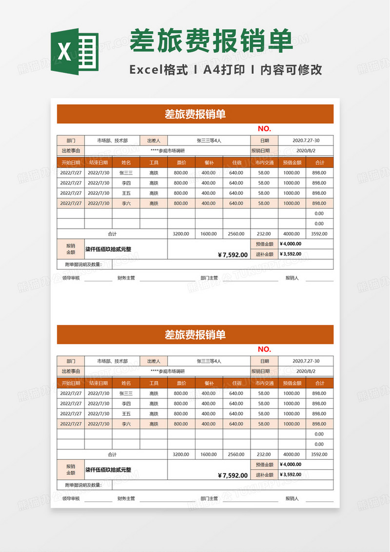 简约公司差旅费报销单excel模板