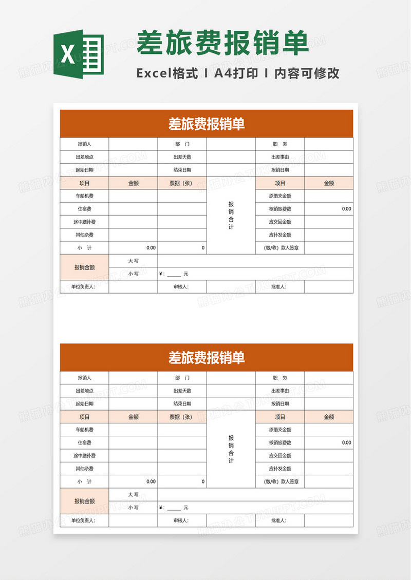 实用个人差旅费报销单excel模板