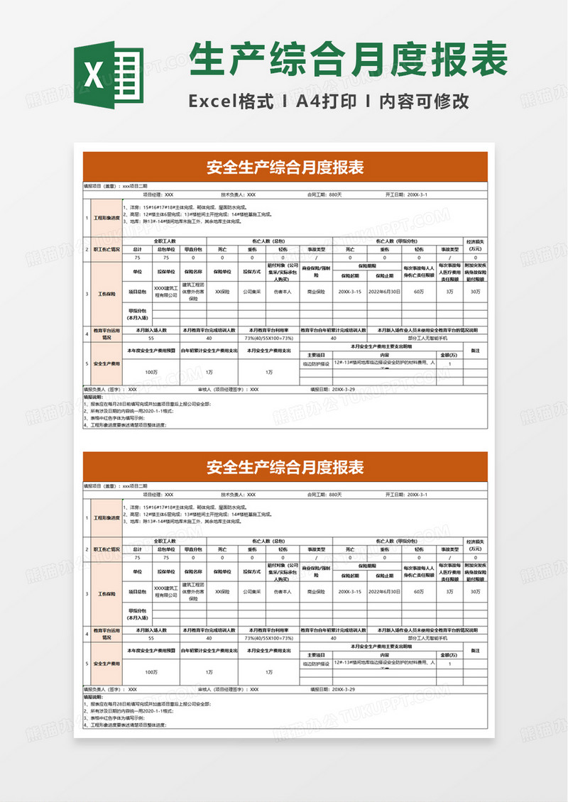 安全生产综合月度报表excel模板