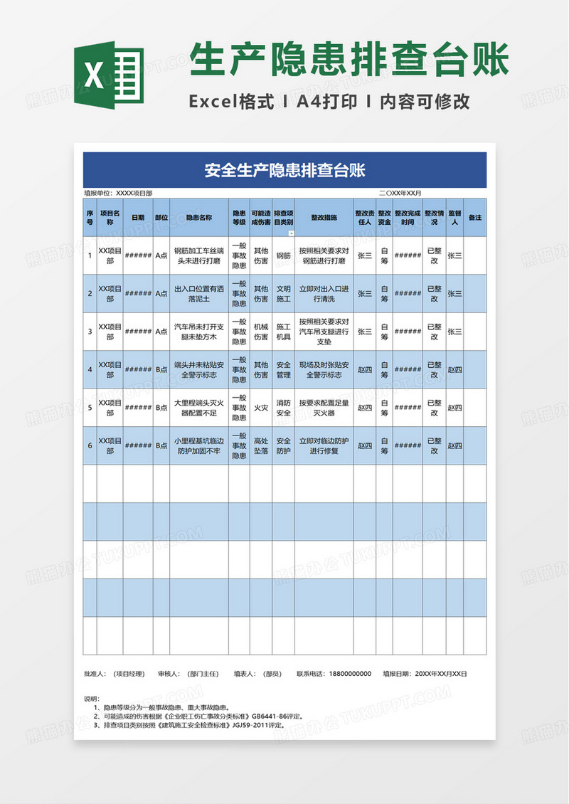 安全生产隐患排查台账excel模板