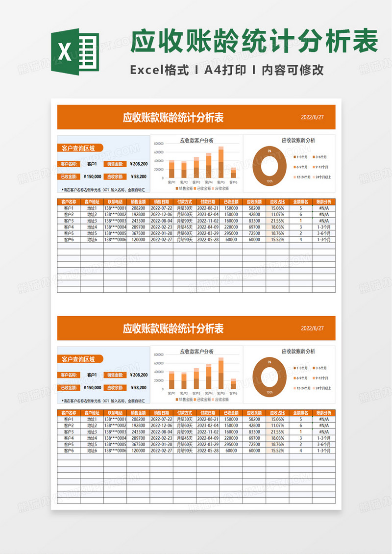 简约应收账款账龄统计分析表excel模板