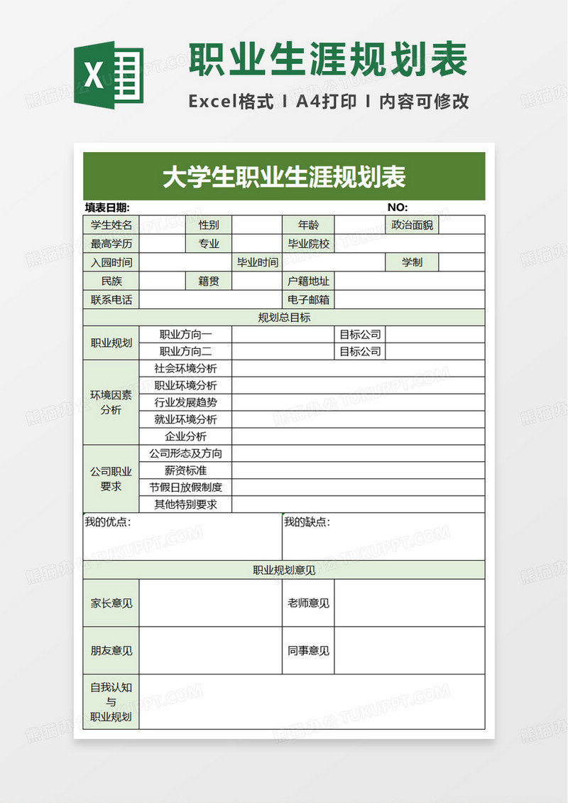 简洁实用大学生职业生涯规划表excel模板