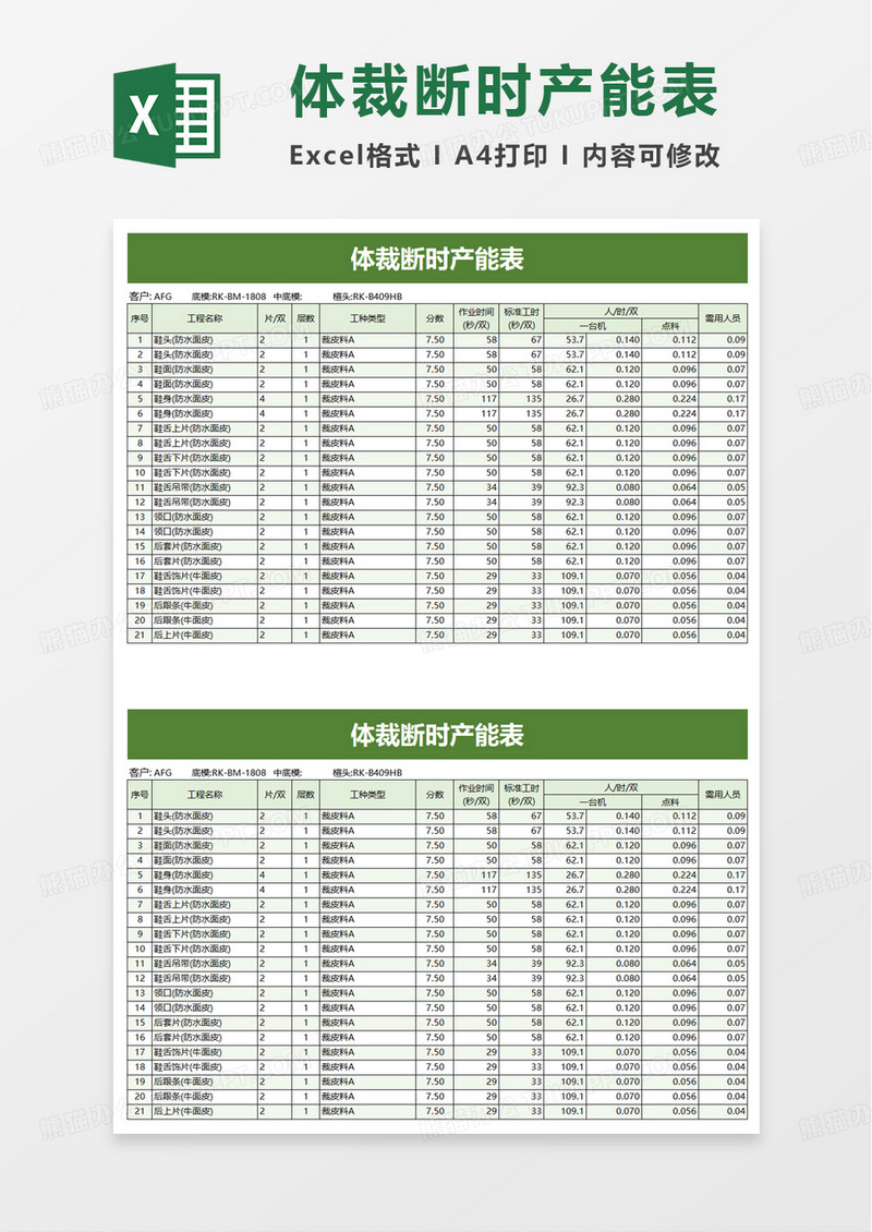 体裁断时产能表excel模板