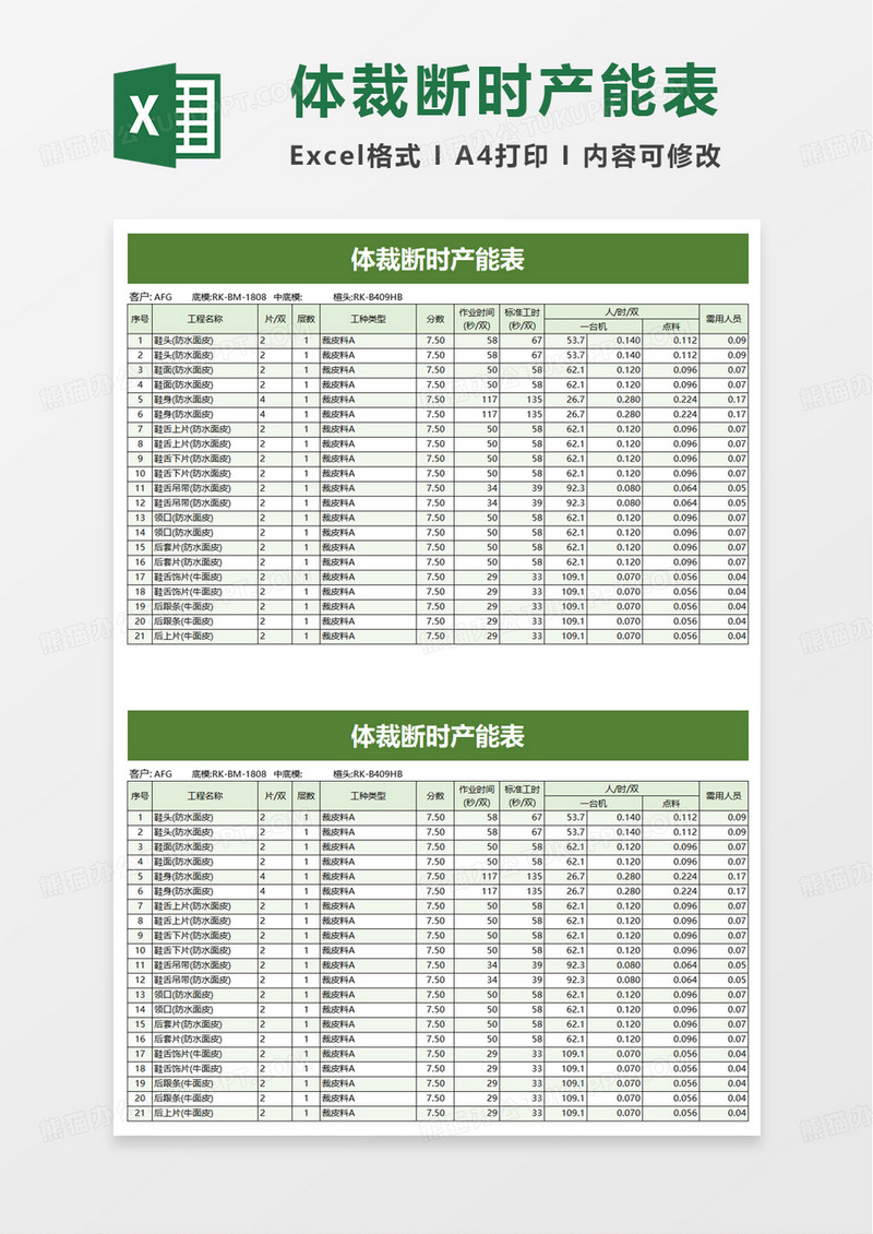 体裁断时产能表excel模板