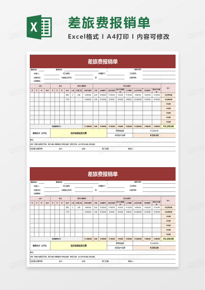 实用简洁个人差旅费报销单excel模板