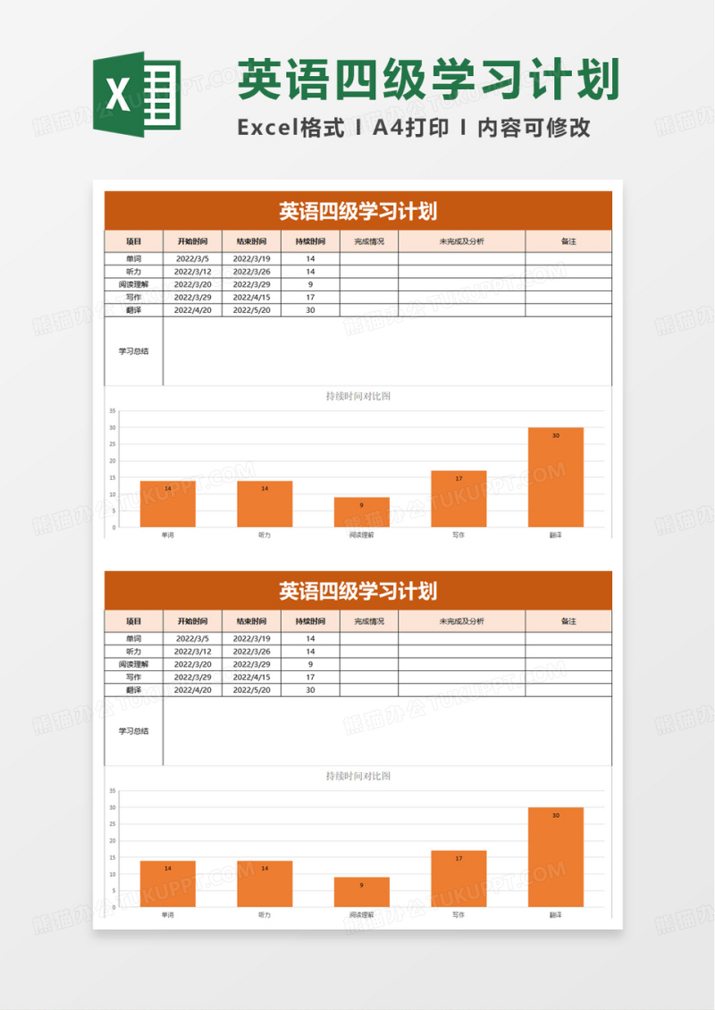 英语四级学习计划excel模板