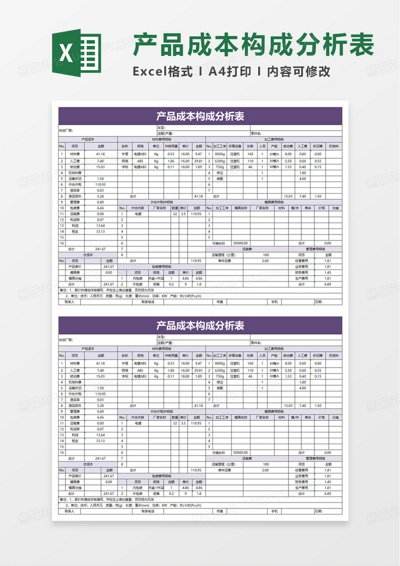 产品成本构成分析表excel模板
