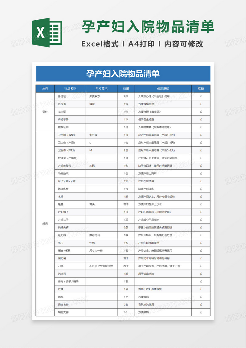 孕产妇入院物品清单excel模板