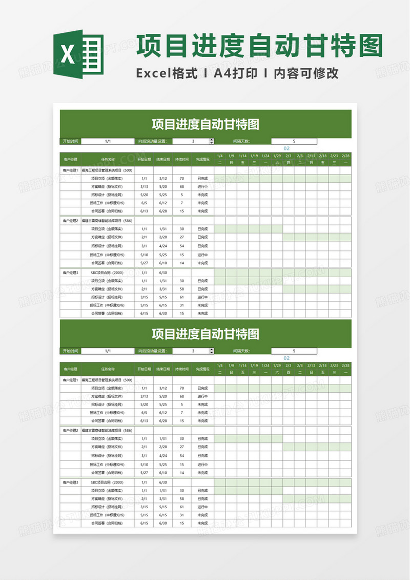 绿色实用项目进度自动甘特图excel模板