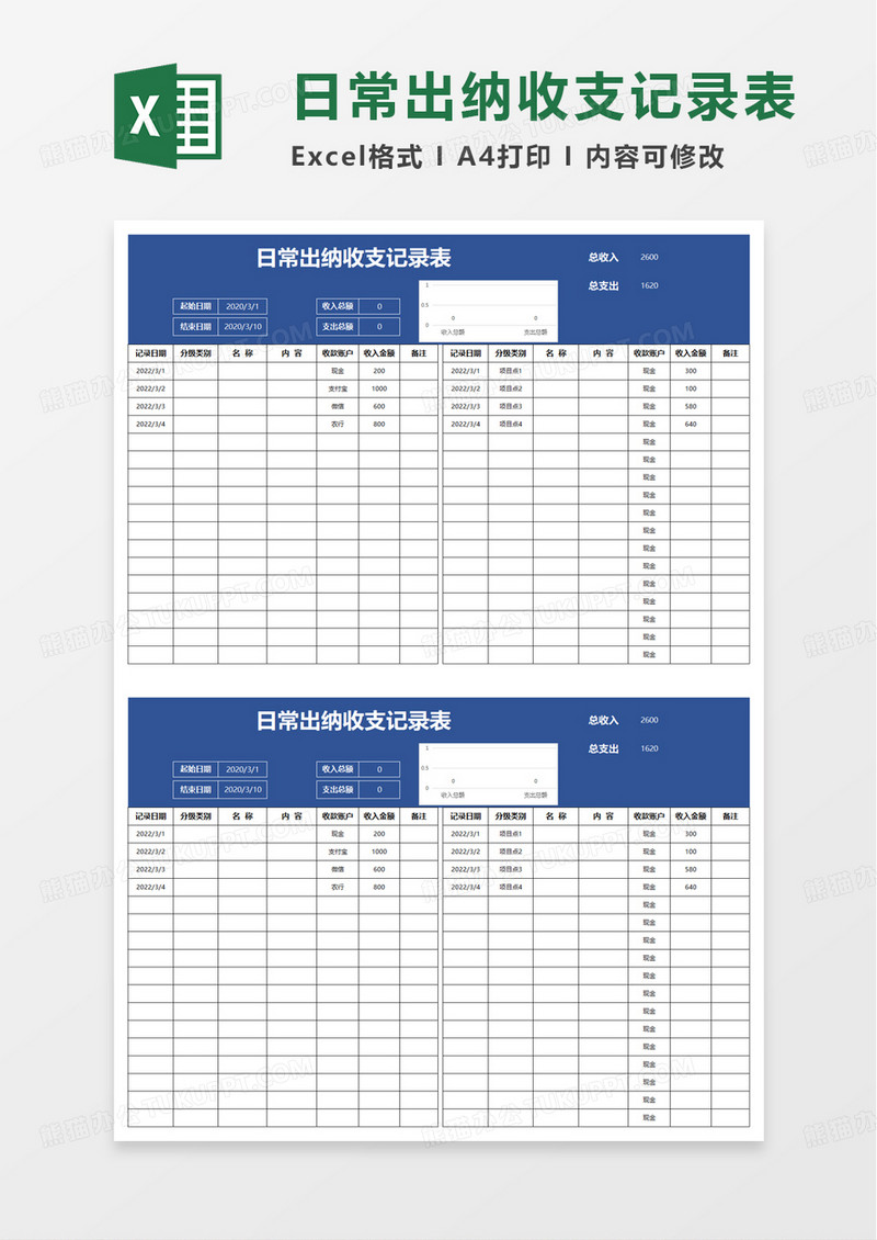 日常出纳收支记录表excel模板