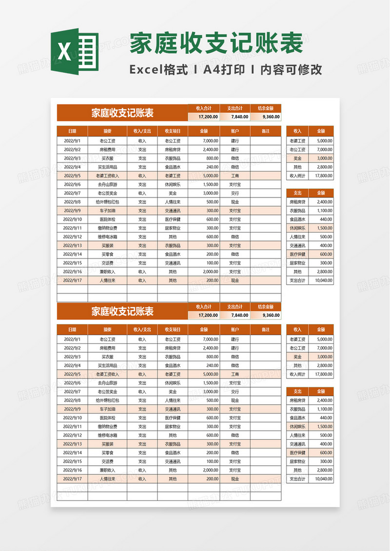 家庭收支记账表excel模板