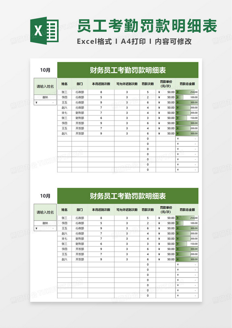 财务员工考勤罚款明细表excel模板