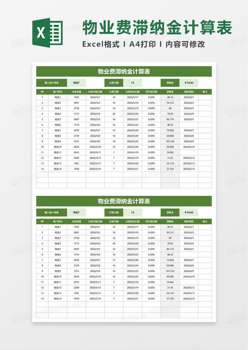 物业费滞纳金计算表excel模板