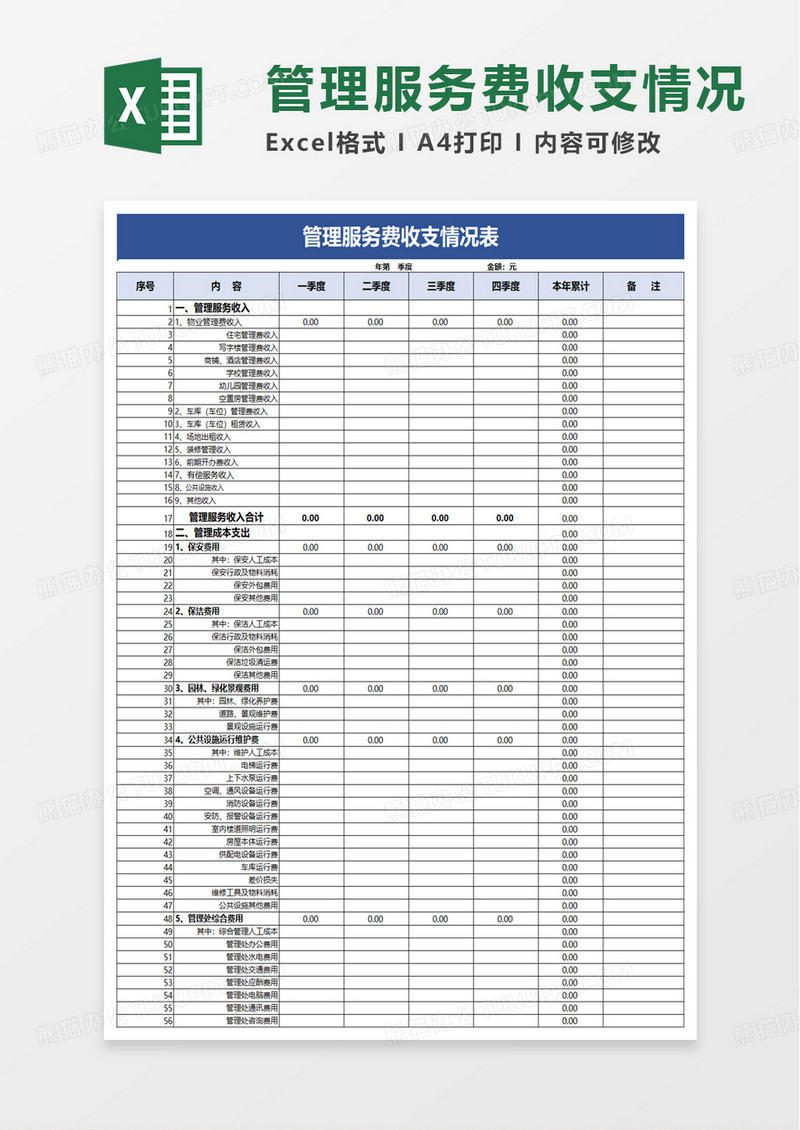 简洁管理服务费收支情况表excel模板