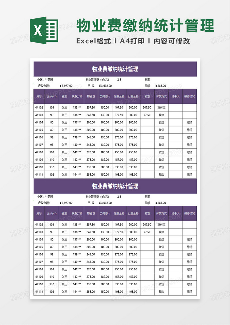 物业费缴纳统计管理excel模板