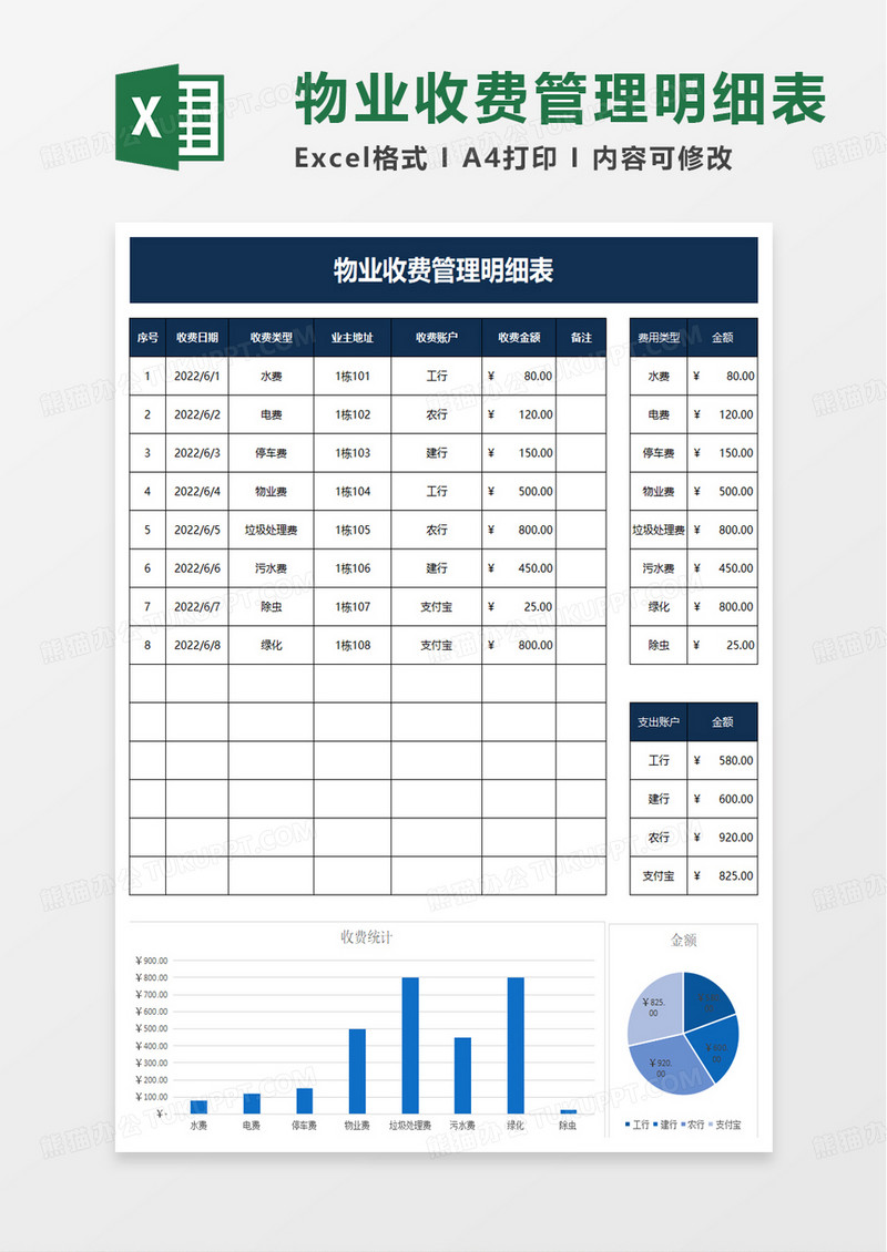 简洁物业收费管理明细表excel模板