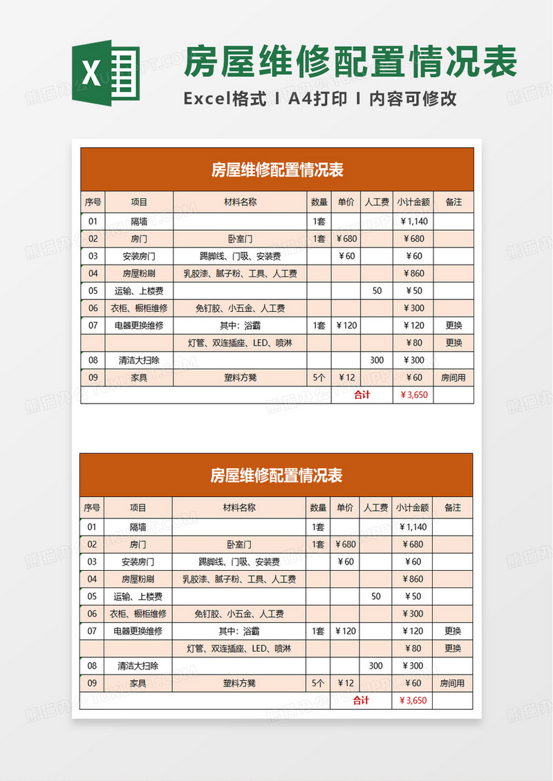 房屋维修配置情况表excel模板