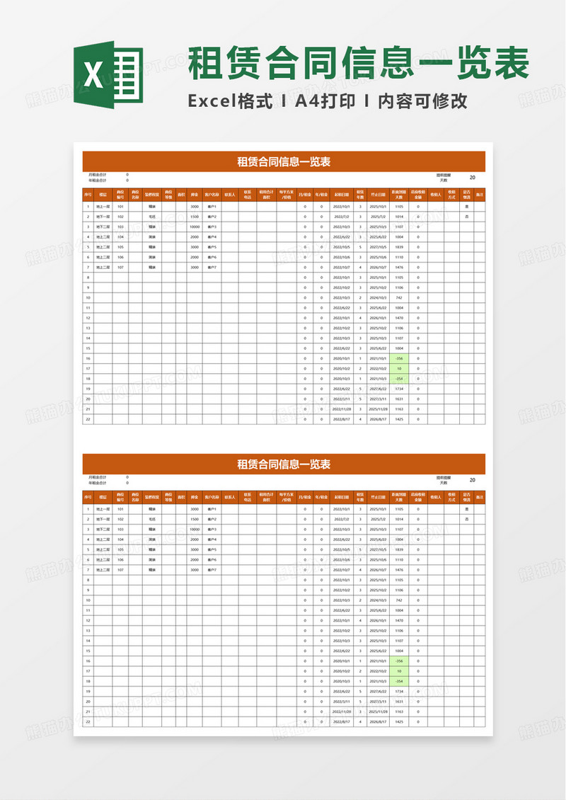 租赁合同信息一览表excel模板